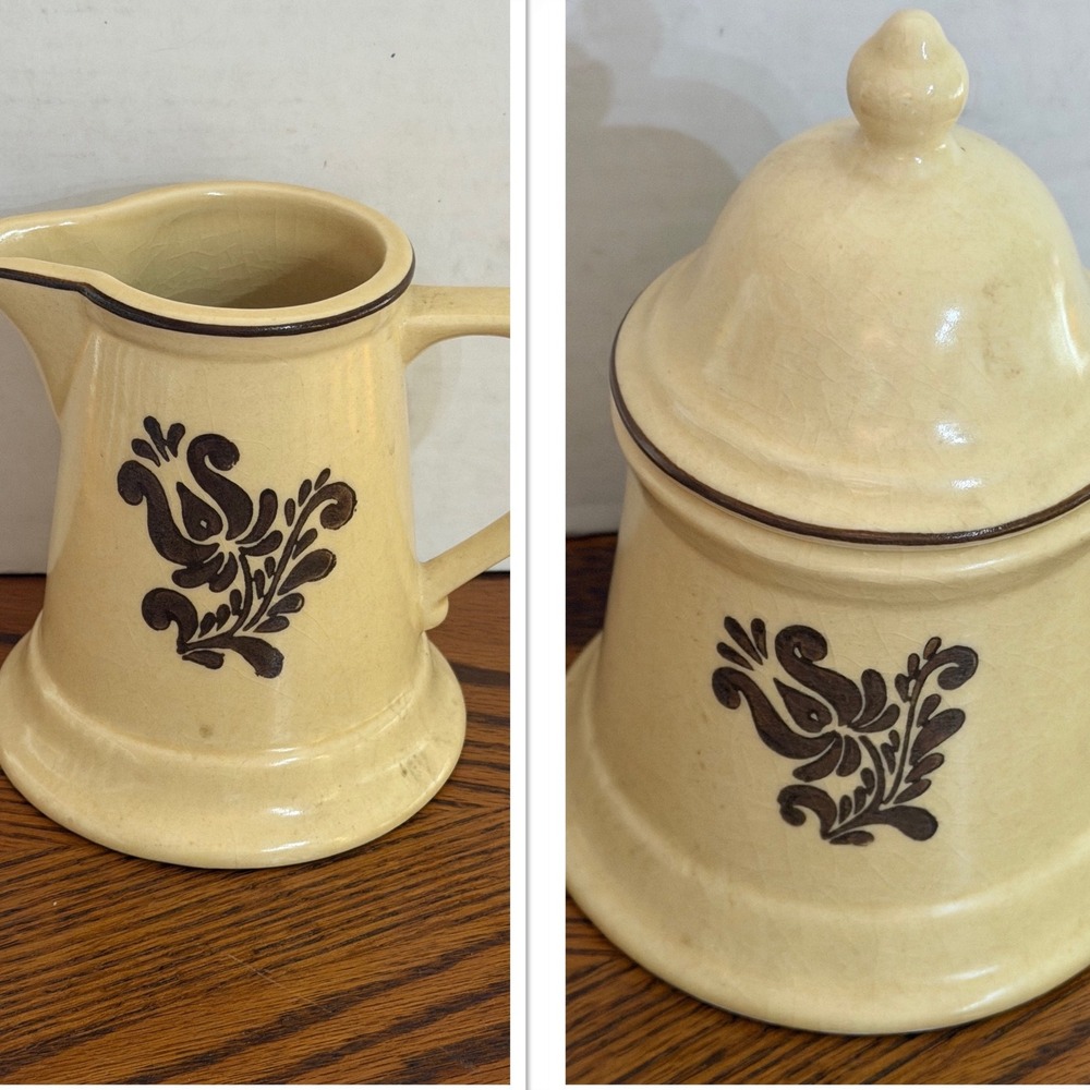 Vintage Pfaltzgraff Village Stoneware Cream and Sugar Set Tan Brown Floral USA